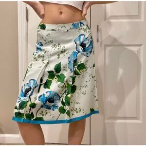 Banana Republic Silk Pleated Floral Skirt Skater Lined Blue Green Wht Size 0 EUC